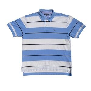 Mens TOMMY HILFIGER Blue White Red Striped Polo shirt XL 2-button